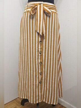 Esmara Striped Mustard & White Button-Front Midi Skirt w/ Belt | Women's Size 6